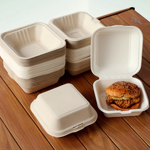 Boîtes à emporter pour burgers en bagasse avec couvercle verrouillable, résistantes à l'huile et à l'eau, design à clapet, emballage jetable pour sandwichs 155x152x78mm - Product Image 2