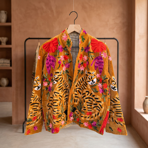 เสื้อแจ็คเก็ตซาฟารีกำมะหยี่สีมัสตาร์ดแบบกลับด้านได้ ปักลายเสือและดอกไม้ด้วยมือ แขนยาว ปกคอพับ สำหรับฤดูใบไม้ร่วง - Product Image 3