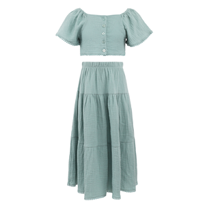 Completo Estivo per Bambina Verde Menta in Cotone Stropicciato, Top Corto con Maniche a Sbuffo e Scollo Quadrato, Gonna Lunga a Strati, <span class=keywords><strong>Età</strong></span> 2-10 Anni - Product Image 2