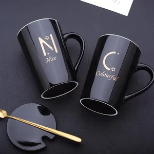 Venta al por mayor de tazas de cerámica negra de 12 oz <span class=keywords><strong>con</strong></span> logotipo dorado, tazas altas de porcelana y cuchara para café, <span class=keywords><strong>leche</strong></span> o regalos para agua hirviendo - Product Image 2