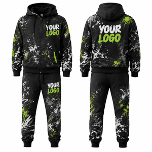 Ensemble jogging homme personnalisé, imprimé graffiti, sweat à capuche zippé et pantalon de survêtement, logo 3D en relief, poignets côtelés, streetwear urbain, ensemble de survêtement assorti - Product Image 2