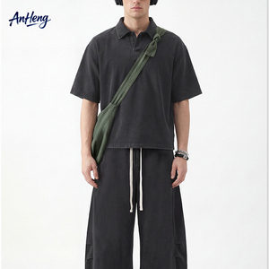 Polo homme en coton lavé 280G, coupe ample rétro, style streetwear, manches courtes, haut décontracté vintage pour l'été - Product Image 1