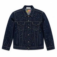 Blouson en jean vintage personnalisé pour homme, 14 oz, délavage foncé, patchwork de strass, lettres, style camionneur, indigo, 100 % coton, service OEM