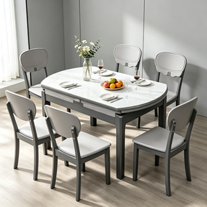 Juego de Mesa de Comedor Ovalada de Piedra Sinterizada, Estilo Moderno y Minimalista, con 6 Sillas, Diseño Extensible para el Comedor del Hogar - Product Image 3