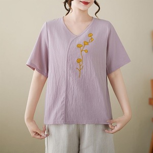 Cotton Linen Short Sleeve T-Shirt With Embroidery Loose Fit Women's Summer Top Yellow Orange Red White Purple Pink - Product Image 5