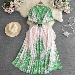 Abito lungo da donna elegante a maniche corte con risvolto, cintura in vita, monopetto, stampato, plissettato, linea ad A, ampia gonna, casual, per tutti i giorni e feste - Product Image 6