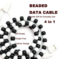 Câble de charge pour téléphone de type C 4 en 1 noir et blanc avec perles, cordon de charge pour smartphone tendance