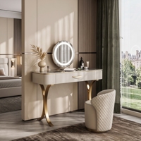 Coiffeuse Moderne Luxe Beige & Or en Bois avec Miroir Rond LED et Tabouret Matelassé - Ensemble Élégant pour Chambre/Salon