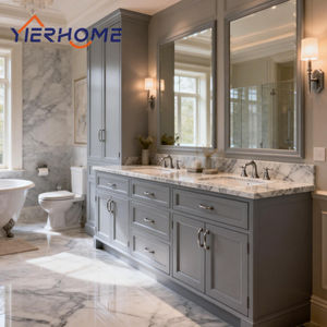 ตู้ห้องน้ำแบบตั้งพื้นไม้เนื้อแข็งสั่งทำพิเศษพร้อมอ่างล้างหน้าคู่แบบฝังใต้เคาน์เตอร์หิน ชุดเฟอร์นิเจอร์ห้องน้ำคู่ - Product Image 1