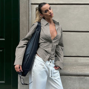 Camisa Entallada a Cuadros para Mujer, Estilo Urbano, Cuello en V Profundo, Manga Larga, Ajustada, Sexy, Moldea la Cintura, Blusa Informal a la Moda - Product Image 5