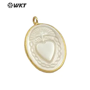 WT-JP055 Natural Shell With Mysterious Pattern Pendant For Women Necklace Making Oval Shape Gold Bezel Sea Shell Pendant