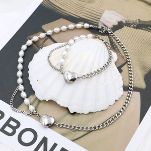 Pearl Heart Necklace And <b>Bracelet</b> <b>Set</b> Stainless Steel Women's Jewelry Gift <b>Set</b> - Product Image 2