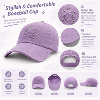 Casquette de baseball personnalisée unisexe, légère, respirante, imperméable, anti-UV, réglable, style vintage, lavée, avec étoiles cloutées, couleur lavande, pour le streetwear