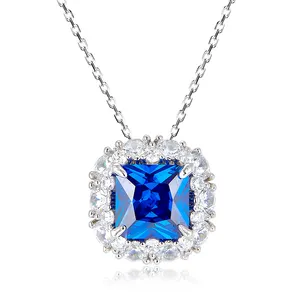 Luxury Blue Sapphire Necklace Micro Setting Zircon Pendant Necklace Jewelry 925 Sterling Silver Necklace For Women