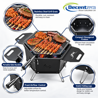 Barbecue portable hexagonal au charbon de bois noir mat avec trépied, grille en fil métallique et poignées latérales pour feu de camp