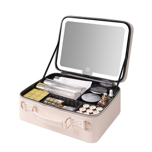 กระเป๋าเครื่องสำอางแบบพกพาพร้อมกระจก LED คุณภาพพรีเมียม ดีไซน์สีสันตัดกัน ช่องเก็บของหลายช่อง พร้อมซิปและหูหิ้วนุ่ม - Product Image 2