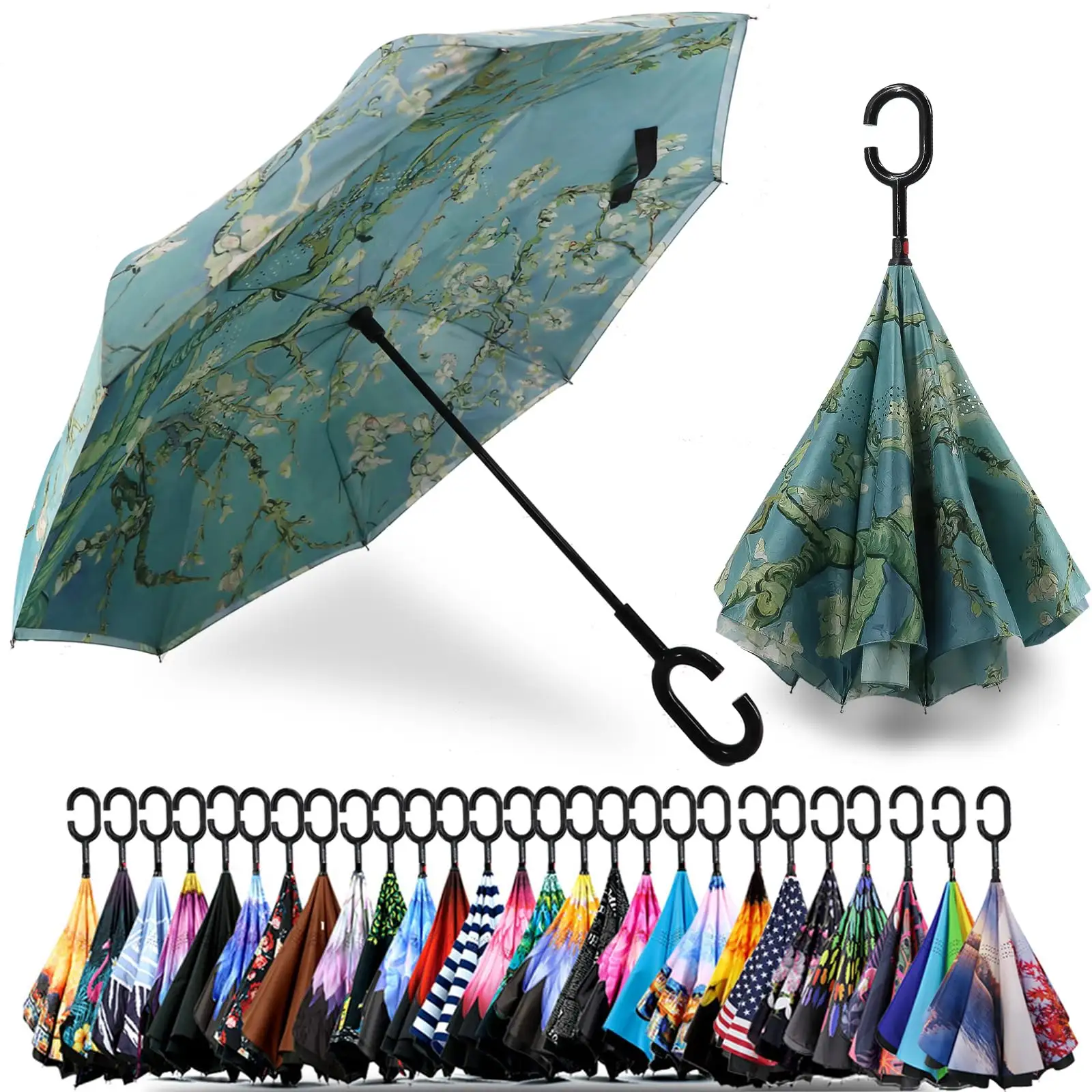 Venta al por mayor paraguas con impresiones de logotipo personalizado de doble capa de dentro hacia fuera diseño de mango en forma de C paraguas de lluvia inverso plegable invertido
