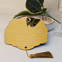 Invitation élégante en acrylique miroir doré avec impression personnalisée de luxe, menu de fête, impression à chaud pour les mariages