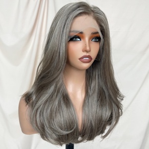 KEMY HAIR <span class=keywords><strong>Parrucca</strong></span> Sintetica di Lusso Grigio-Marrone con Frontale in Pizzo, Alta Qualità, Corta, da <span class=keywords><strong>Donna</strong></span>, 1 <span class=keywords><strong>Parrucca</strong></span> 3 Stili: Naturale, Liscia, Ricci Crespi - Product Image 2
