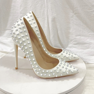 Zapatos de Tacón Alto de Moda con Remaches Blancos de 12 cm, Zapatos de Tacón de Aguja con Punta Puntiaguda para Mujer, Zapatos Sexys de Tacón Alto para Fiesta - Product Image 1