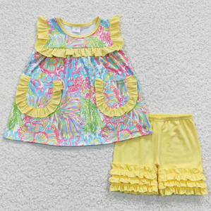 Summer <b>Clothes</b> Set for Children Baby Girls Kids Short Sleeves Blue Bows Flower Shirt Shorts Set - Product Image 2