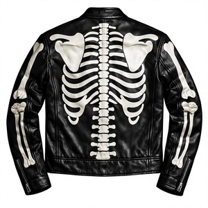 Blouson de motard en cuir PU noir pour homme avec imprimé squelette, style moto, fermeture éclair, col rabattable, vêtement d'automne - Product Image 2