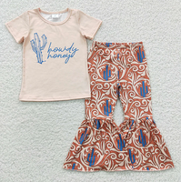Vêtements d'été pour bébé fille RTS, tenue 2 pièces pour tout-petit, boutique pour enfants, chemise western cactus vache et ensemble de pantalon pattes d'éléphant