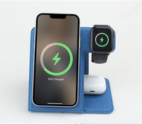 3 in 1 Magnetic 15W Pengisi Daya Nirkabel Cepat Lipat untuk iPhone Earbuds, Dudukan Ponsel Kulit Port Type-C Dapat Disesuaikan
