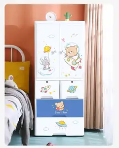 Armário infantil de plástico simples, armário de 4 camadas, desenhos animados, porta dupla, armário, quarto, bebê, closet