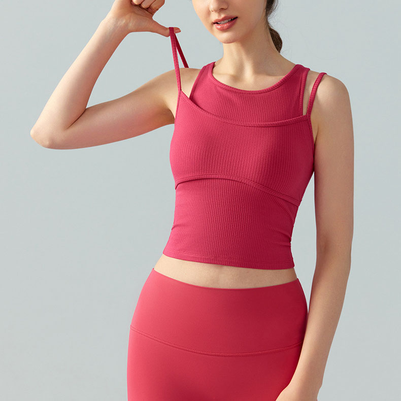 Ladies Blank Colors Breathable Sleeveless Fixed Built-in Pads Gym Tops 2025 Ribbed Rayon Slim Fit Cropped Yoga Tank Top