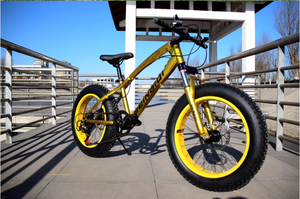 Vélo de montagne tout-terrain Conqueror Dazzling Gold à pneus larges, 7-27 vitesses, suspension avant, freins à disque doubles, roues en aluminium, complet - Product Image 3