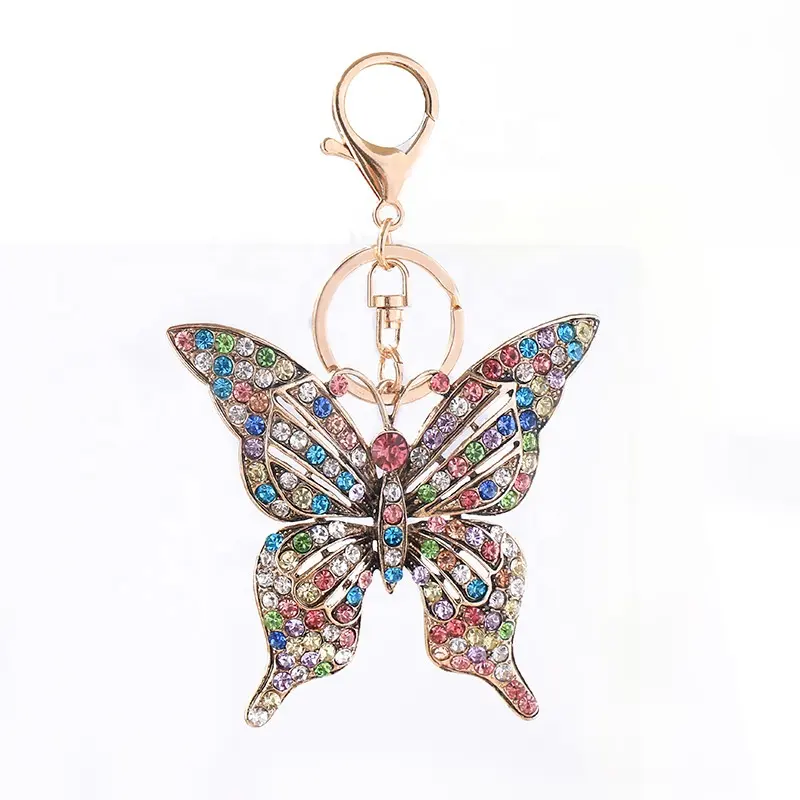 Fashion Shiny Crystal Butterfly metal Key Chain Gold Plated Colorful Rhinestone Exquisite Glitter Women Key Ring