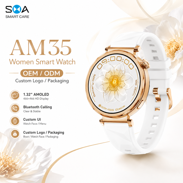 Factory Custom AM35 1.32 Inch AMOLED Fashion Women Smart Watch Calling Wireless Charging Heart Rate Smartwatch