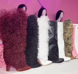 Moda kadın diz çizmeler kalın taban Wedge kama topuk kış kürklü yüksek topuk kadın çizmeler - Product Image 1