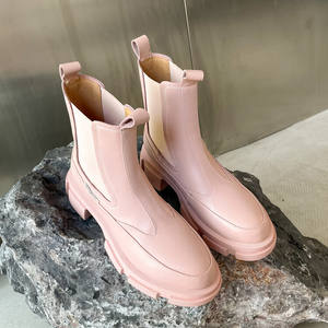 Cialisa-zapatos de piel de vaca auténtica para mujer, botas planas con <span class=keywords><strong>plataforma</strong></span> y tacón grueso, botines tobilleros cortos sin cordones, color rosa y <span class=keywords><strong>blanco</strong></span> - Product Image 4