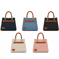 Sac fourre-tout personnalisé pour femme en toile noire imprimée avec garniture en cuir PU, grande capacité, poignée supérieure, sac à bandoulière pour la vente en gros