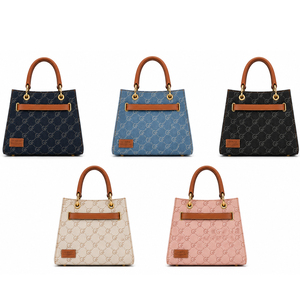 Custom Women Tote Handbag Black Printed Canvas PU Leather Trim Large Capacity <b>Top</b> Handle Shoulder Bag For Wholesale - Product Image 6