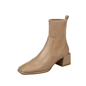 Çorap yarım çizmeler düşük tıknaz topuklu bot ayakkabı kadın moda kış kısa çizmeler ayarlanabilir kare ayak ucuz fiyat beyaz kahverengi