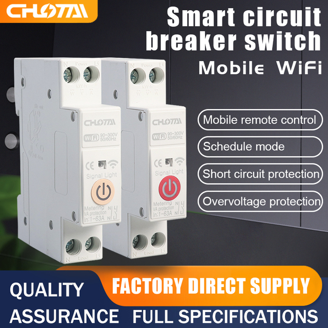 63A WiFi Smart C Type MCB 1P+N DIN Rail Remote Control Circuit Breaker Copper PA66 6kA Breaking Capacity CE Certified IP20
