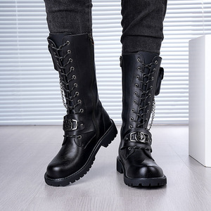 Bottes Martin pour hommes, mi-mollet, en cuir, bout rond, tendance mode, boucle chaîne tête de mort, semelle en caoutchouc, pour scène - Product Image 3