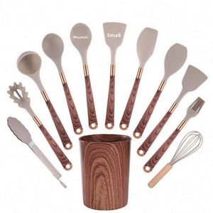 Ensemble d'ustensiles de cuisine en bois grainé, 12 pièces, antiadhésifs, antidérapants, avec manches plaqués or anti-brûlure - Product Image 1