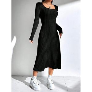 Vestidos Midi de Punto con Cuello Cuadrado y Rayas, Color Sólido, Manga Larga, para Mujer, Otoño 2024, Venta al Por Mayor, Personalizados - Product Image 1