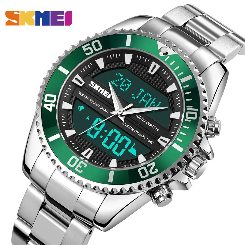 SKMEI 1896 Dual Movement Muslim Azan Clock Men Watch for Prayer with Qibla Compass Adhan Alarm Hijri Islamic Wristwatch