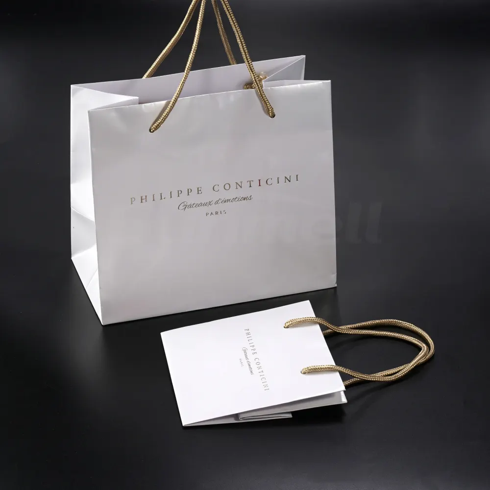कस्टम लोगो कॉर्ड संभाल लंबाई सफेद चमक पेपर बैग खाद्य के लिए लक्जरी उपहार पेपर बैग के लिए गहने या कपड़े शॉपिंग
