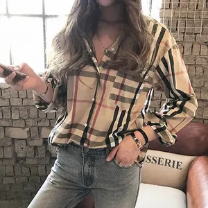European And American New Casual Fashion Loose Long Sleeve Women Plaid Graphic Shirt