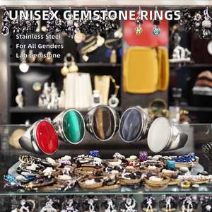 Anéis de Pedra Preciosa Oval <span class=keywords><strong>Retro</strong></span> em Aço Inoxidável Prateado para Homens e Mulheres, Criados em Laboratório, para Presente - Product Image 2