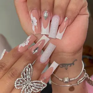 Preço baixo 24 pçs unhas falsas acrílico artificial unhas falsas luxo longo strass imprensa em unhas mix desenhos de marca própria