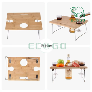 Mesa de desayuno de bambú, bandeja para aperitivos con soporte para botella de vino, patas plegables portátiles - Product Image 2