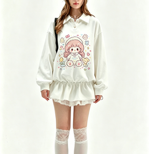 Sudadera de Mujer de Manga Larga con Estampado de Dibujos Animados Kawaii, <span class=keywords><strong>Cuello</strong></span> Tipo <span class=keywords><strong>Polo</strong></span> de Algodón Suave, Cintura Elástica con Volantes y Capucha - Product Image 3