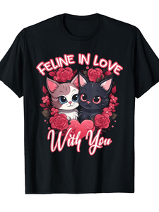 T-shirt Feline In Love With You con simpatico gatto e cuore per San Valentino, girocollo unisex, stampato, 100% cotone, primavera estate - Product Image 1